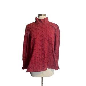 Buru Eyelet Mod Top Small in Crimson Red Long Sleeve Back Buttons